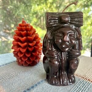 Set of 2 Vintage Novelty Candles Red Pinecone & Brown Tribal Figure Candles